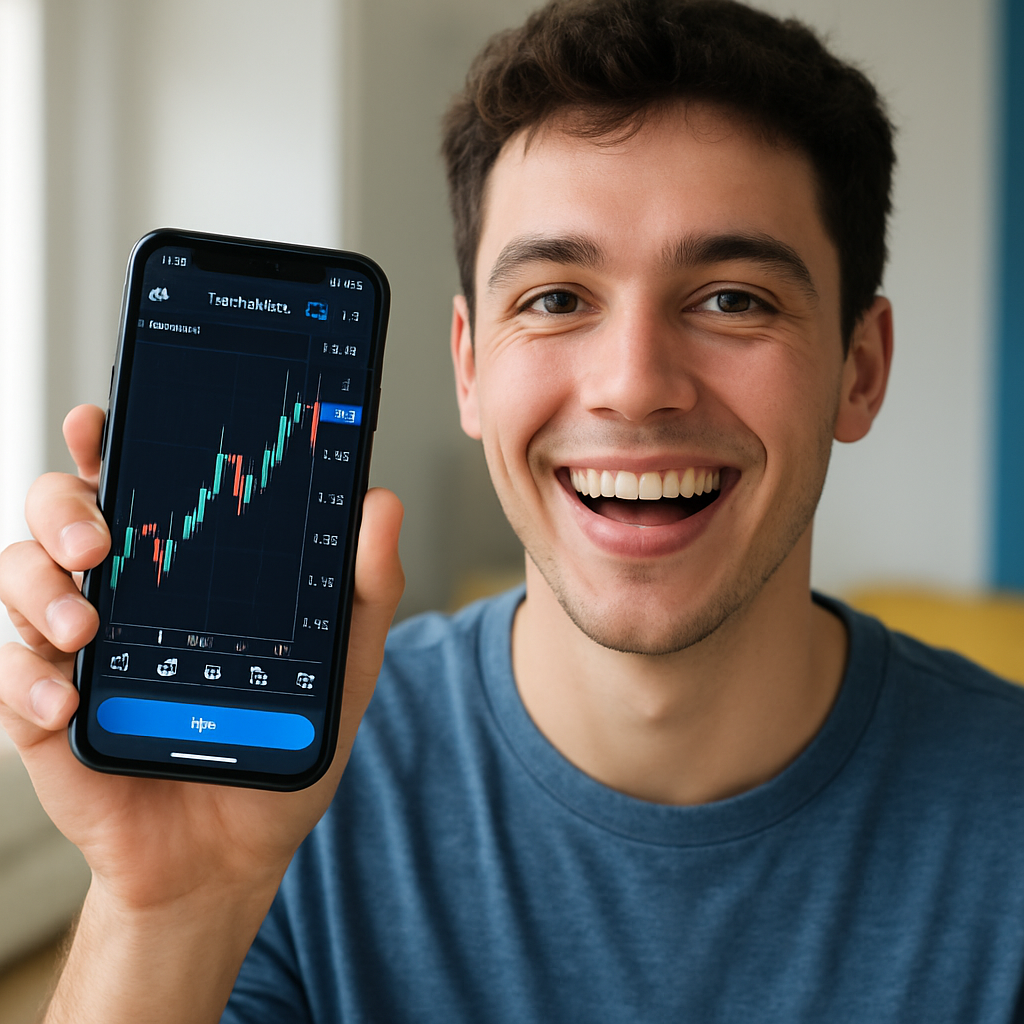 Happy trader using the MT5 app on a phone
