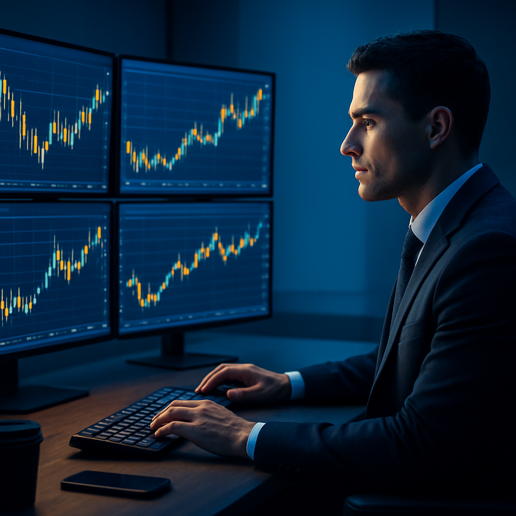 Professional trader analyzing live forex candlestick charts on multiple monitors