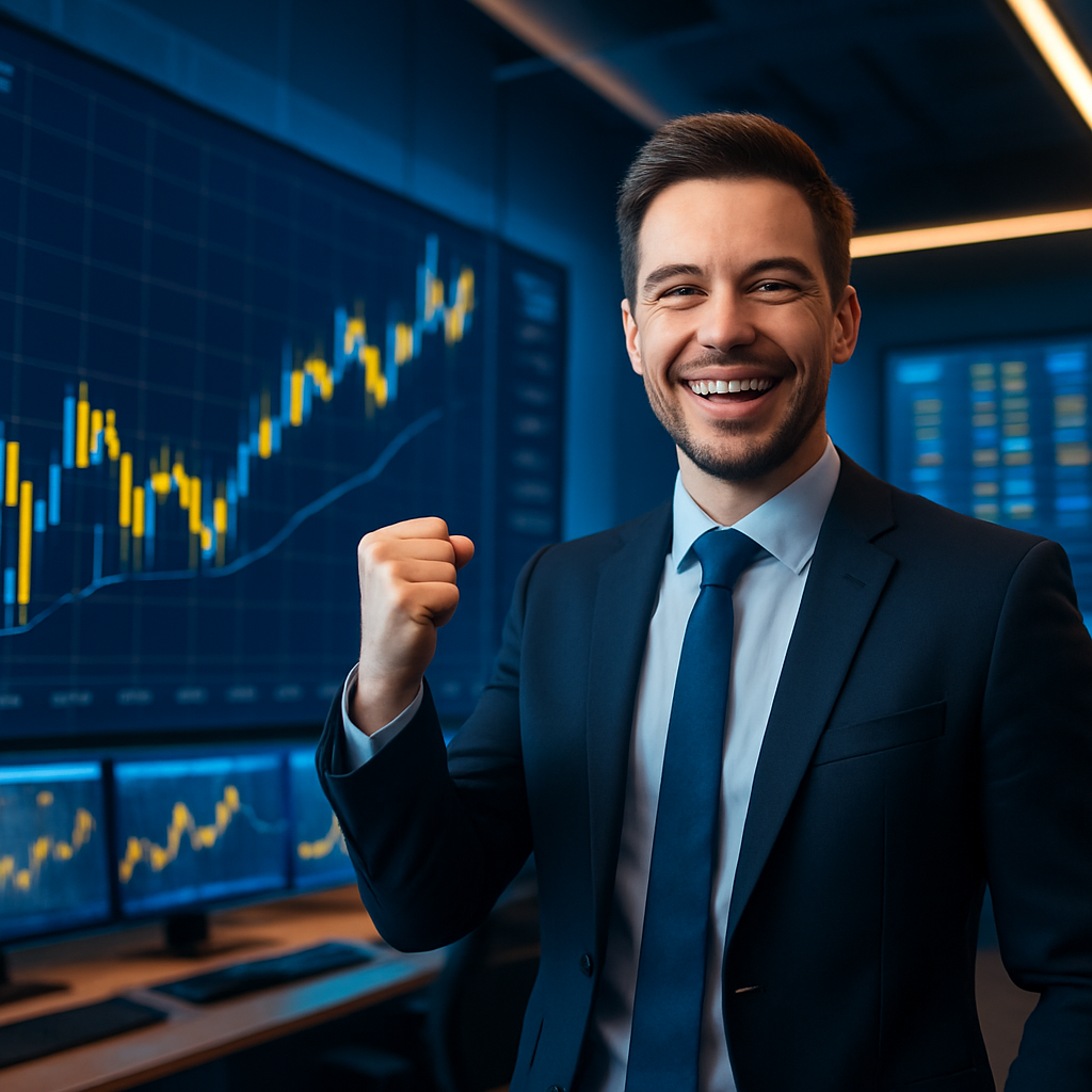 Happy professional trader working in a large trading room with big screens showing live charts